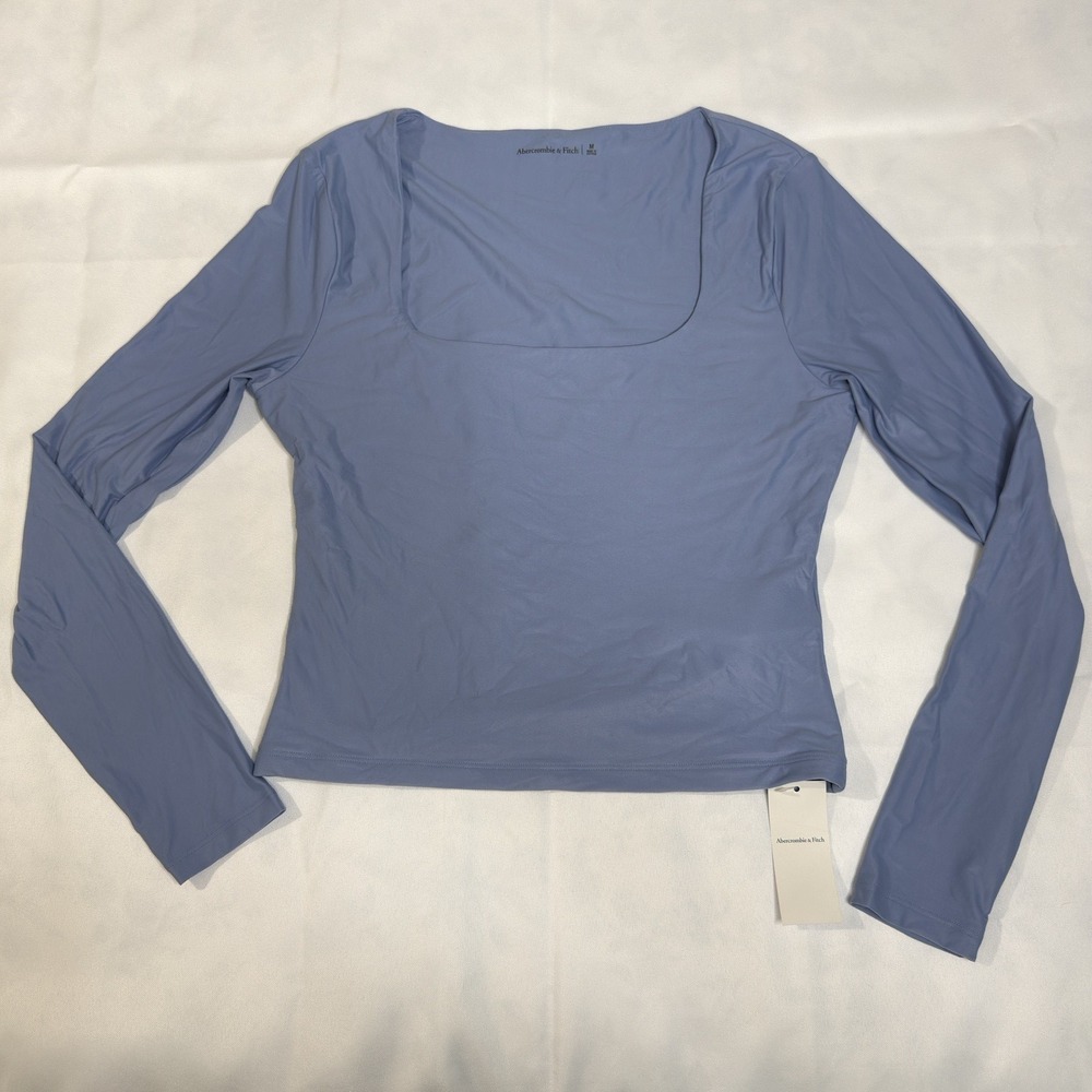 Abercrombie Women M Soft‎ Matte Square Neck Cropped Top Blue Stretch Minimalist